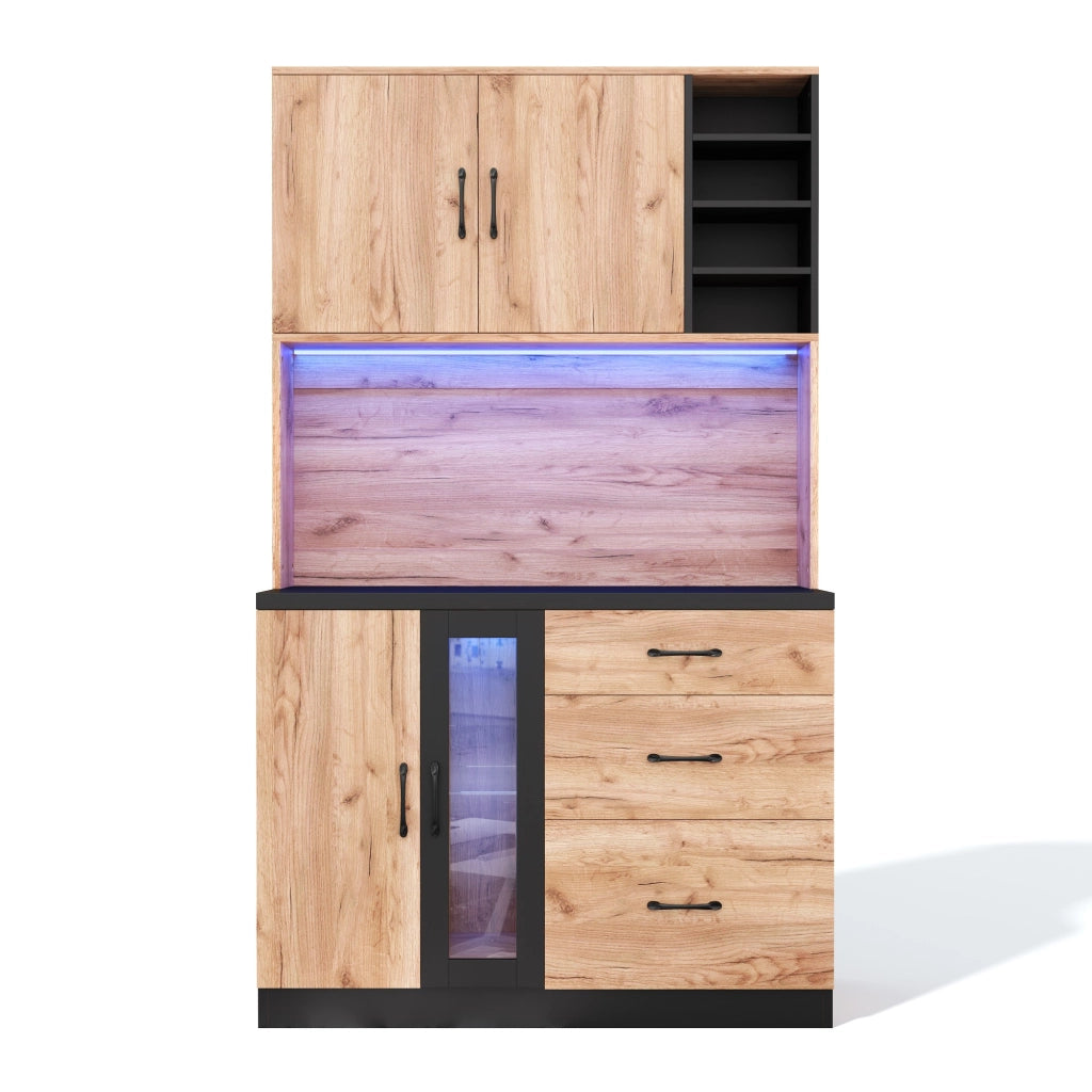 Credenza da cucina alta con LED, 3 cassetti, vano vetrina, ripiani regolabili e prese, in MDF, 105 × 40 × 180 cm