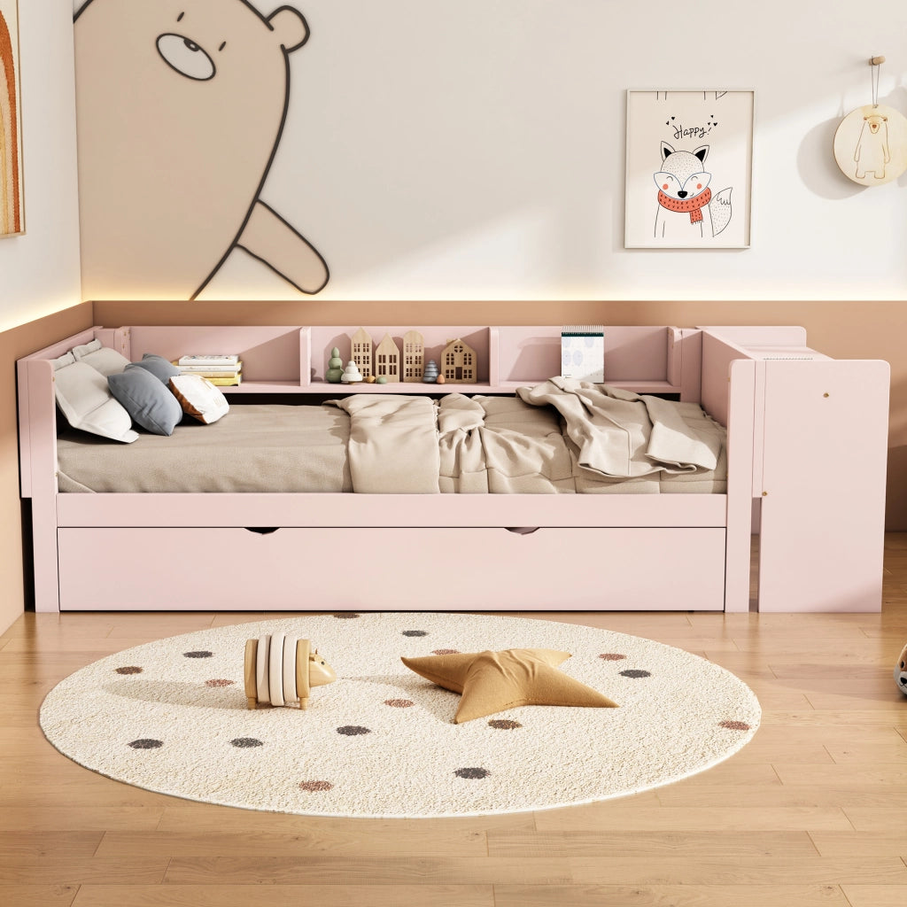 Letto per bambini 90×200 cm con letto estraibile; scrivania e 3 ripiani laterali; senza materasso; rosa