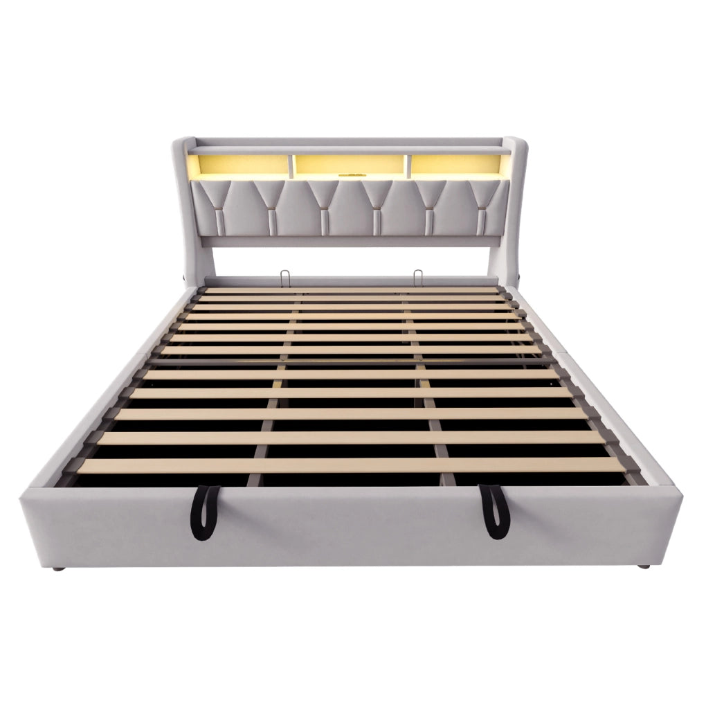 Polsterbett 180x200 cm con contenitore; testiera ribaltabile; LED; USB e USB-C; velluto grigio chiaro