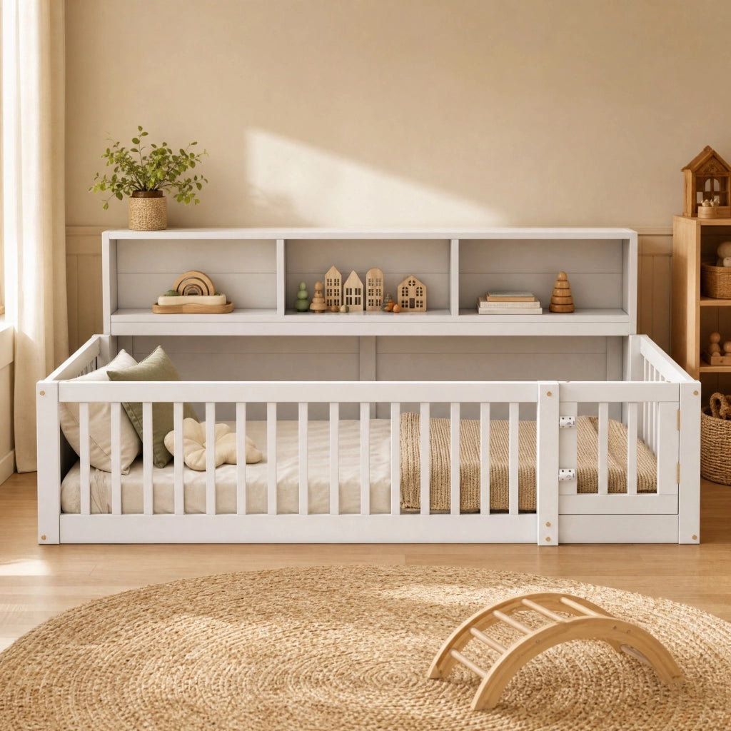 Letto da giorno 90 × 200 cm con vani laterali e rete a doghe in legno e MDF bianco con sponde apribili