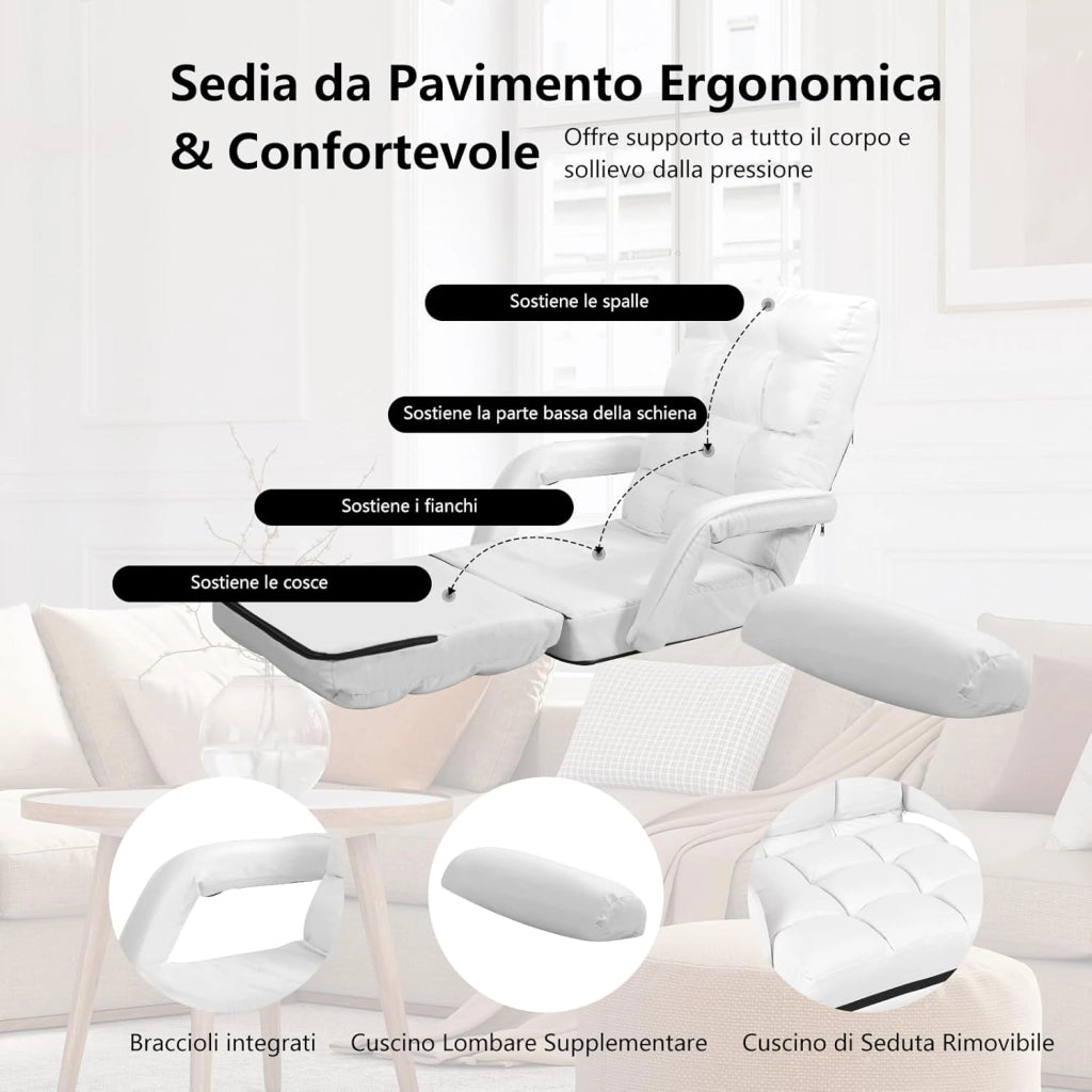 Poltrona Divano con 5 Livelli Regolabili, Sedia da Terra con Braccioli e Cuscino, Struttura in Acciaio, Multifunzione e Pieghevole per Soggiorno Camera da Letto, 55x66x71 cm (Bianco)