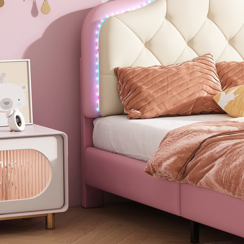 Letto singolo imbottito 90x200 cm rosa e bianco con LED multicolore