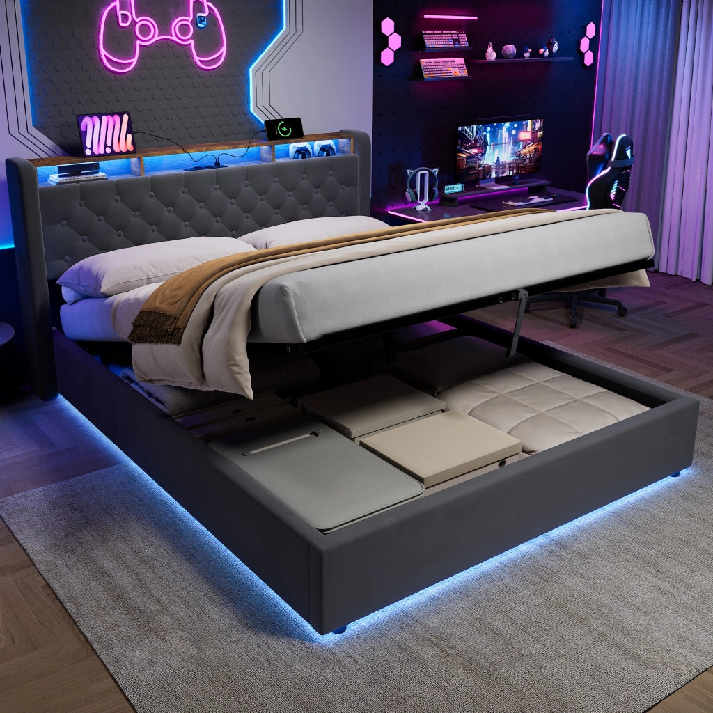 Letto contenitore matrimoniale 160x200cm;LED;vano contenitore;presa elettrica;testiera reclinabile;base imbottita;grigio scuro;materasso escluso