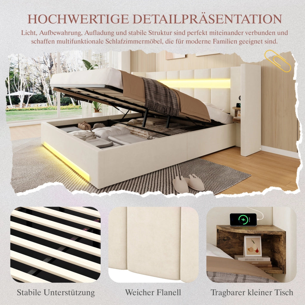 Letto con struttura in velluto 160x200 cm con testiera larga, doppi USB, armadietti retro, luci LED e grande contenitore sottostante con tessuto non tessuto