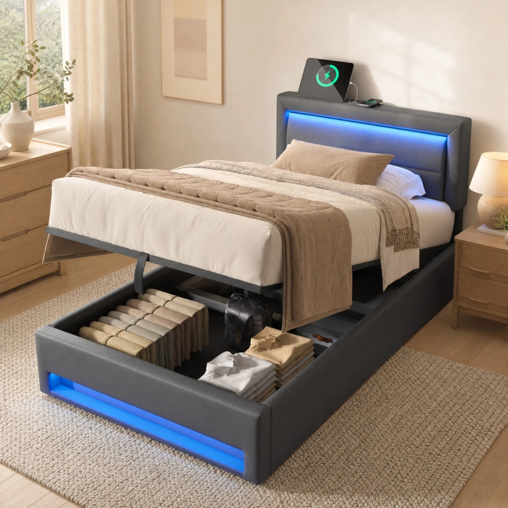 Letto imbottito con vano portaoggetti; USB a scomparsa; ricarica wireless e LED con telecomando; rivestito in PU grigio