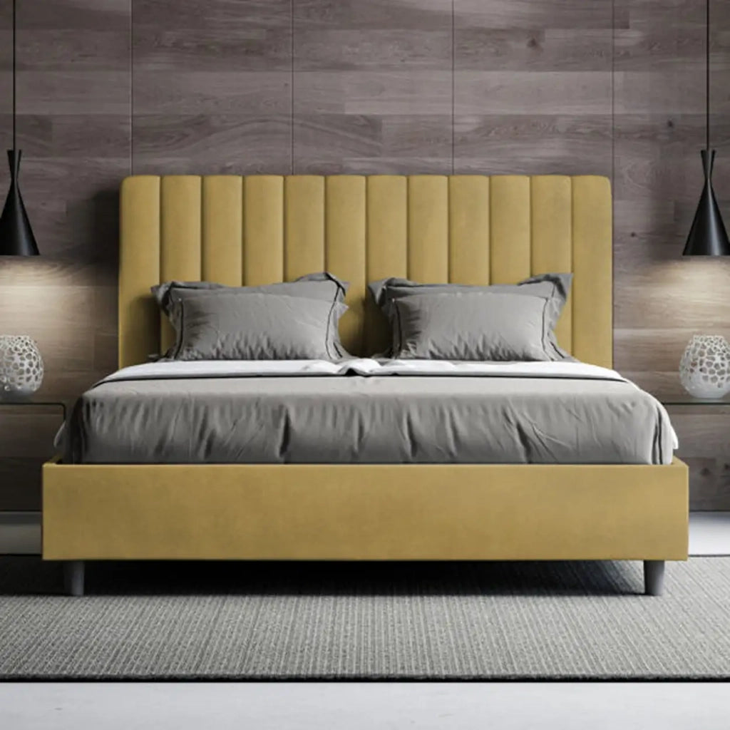 Letto matrimoniale francese con rete imbottito 140x210 microfibra ocra Agueda