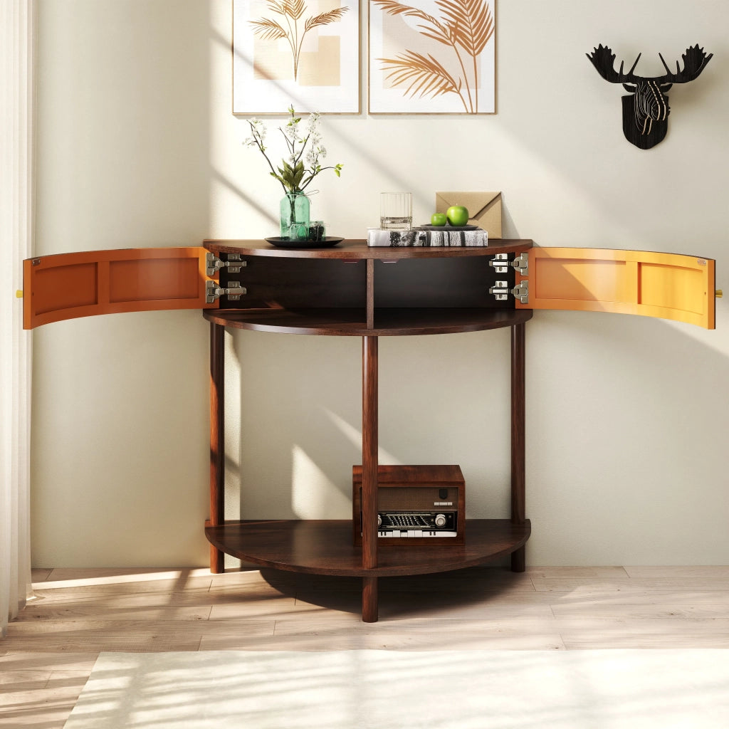 Consolle mezzaluna con motivo 3D ondulato, decoro legno noce MDF laccato UV, gambe in massello, 2 cassetti e ripiano inferiore
