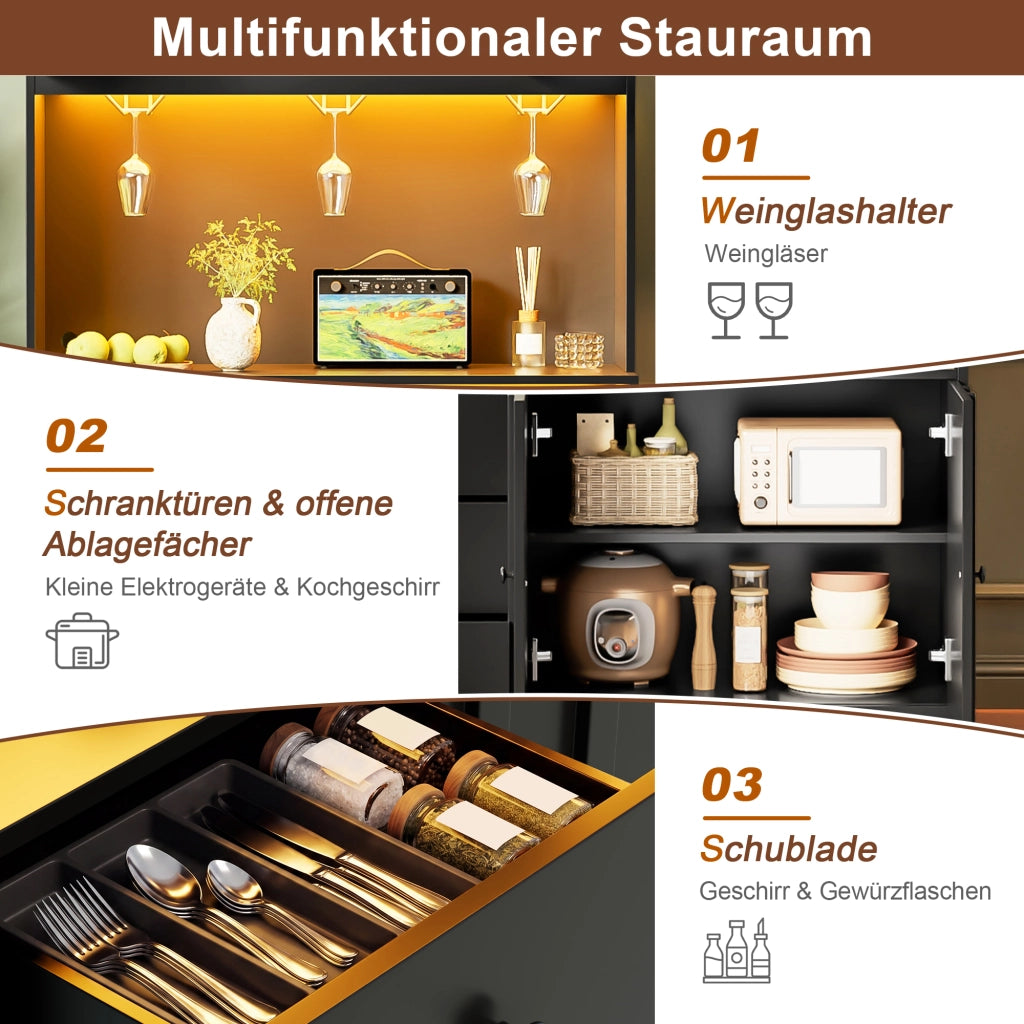 ARMADIO CUCINA 180 cm con LED, prese USB/AC, MDF nero