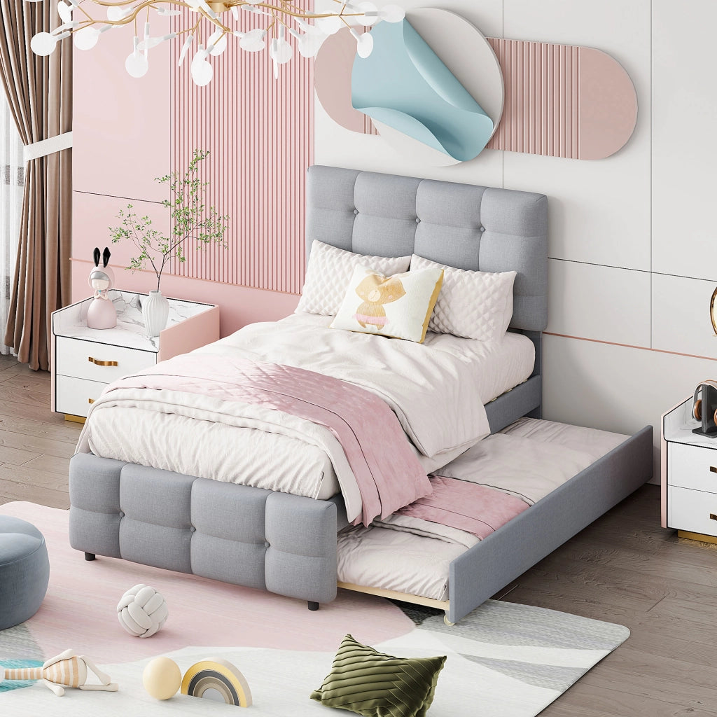 Letto singolo estraibile 90×200 cm e 90×190 cm con testiera regolabile; senza materasso; imbottito; grigio