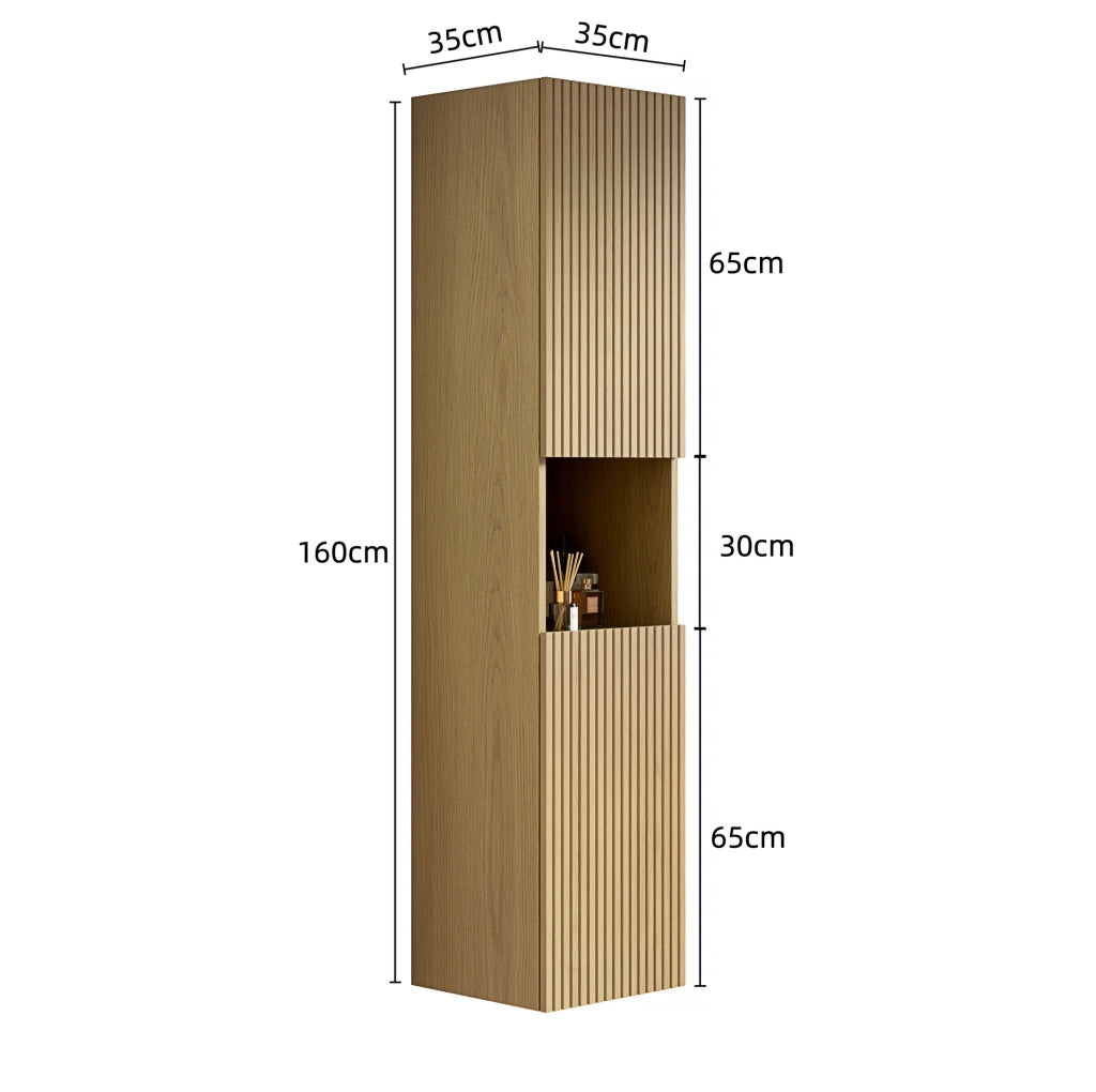 Armadio da bagno a muro alto 160 cm con 2 porte e vano aperto, finitura effetto legno Corolla, ideale per spazi piccoli