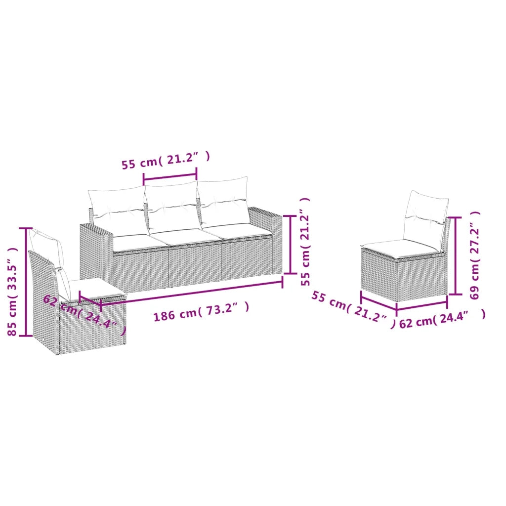 Divano da esterno-Set Divano da Giardino 5 pz con Cuscini Grigio Chiaro Polyrattan