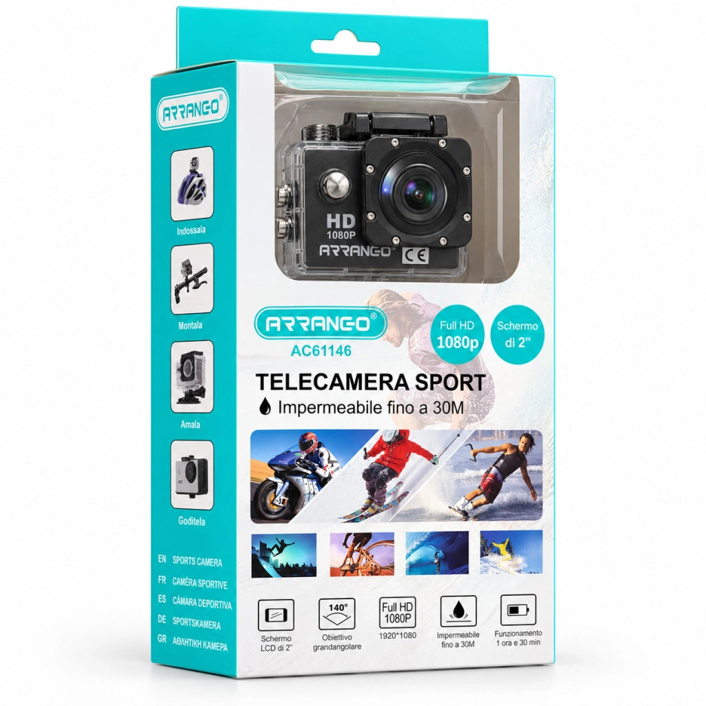 TELECAMERA SPORT ACTION CAM FULL HD 1080P IMPERMEABILE LCD 2" 30M BLACK AC61146