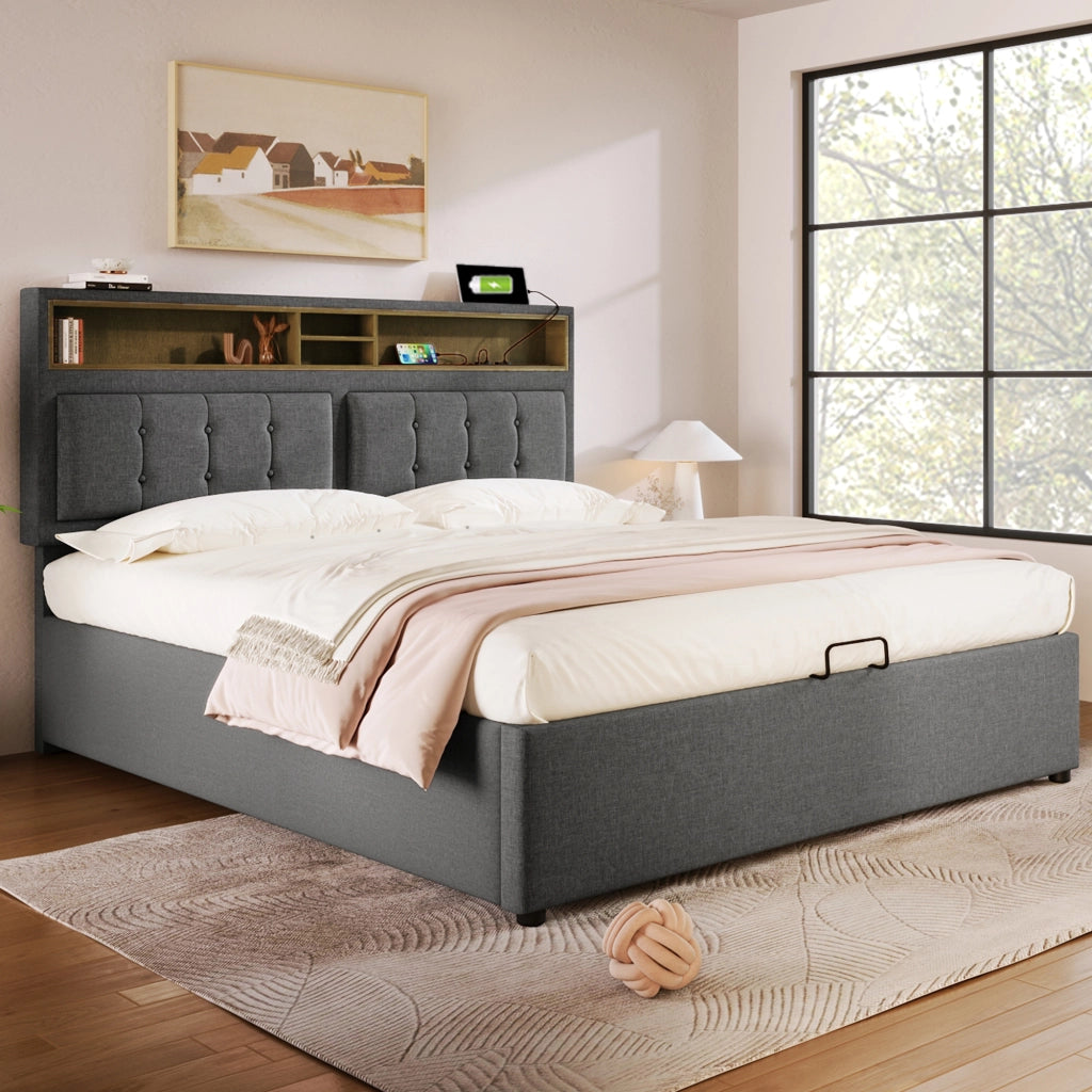 DESMIU Lit coffre 140 × 200 cm 2 posti con USB, Type-C e prese, testiera regolabile, senza materasso, grigio