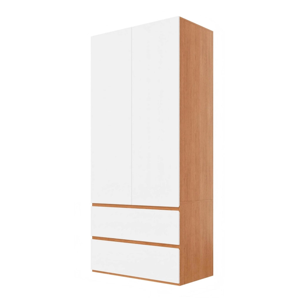 Armadio guardaroba con 2 ante, 2 cassetti, 1 barra appendiabiti, 90x50x200 cm, bianco con finiture rovere