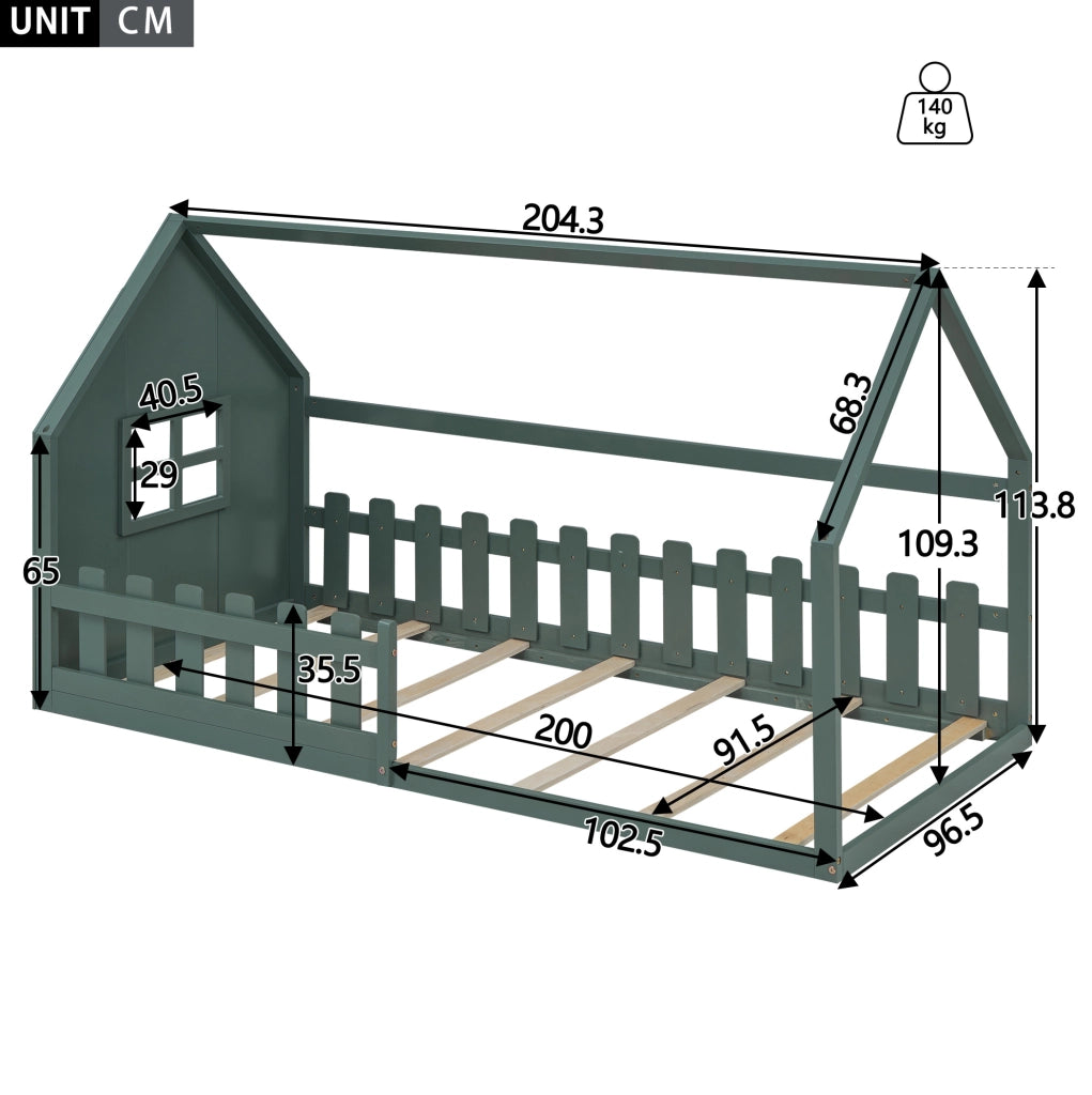 Letto per bambini a forma di casetta 90x200 cm in legno di pino e MDF, colore verde