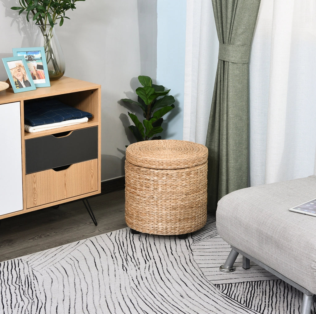 Pouf contenitore in rattan naturale color kaki con coperchio rimovibile Ø43x43 cm