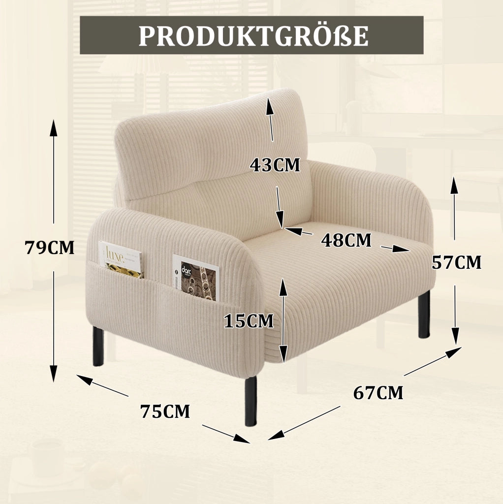Poltrona singola beige in velluto a coste con tasca laterale
