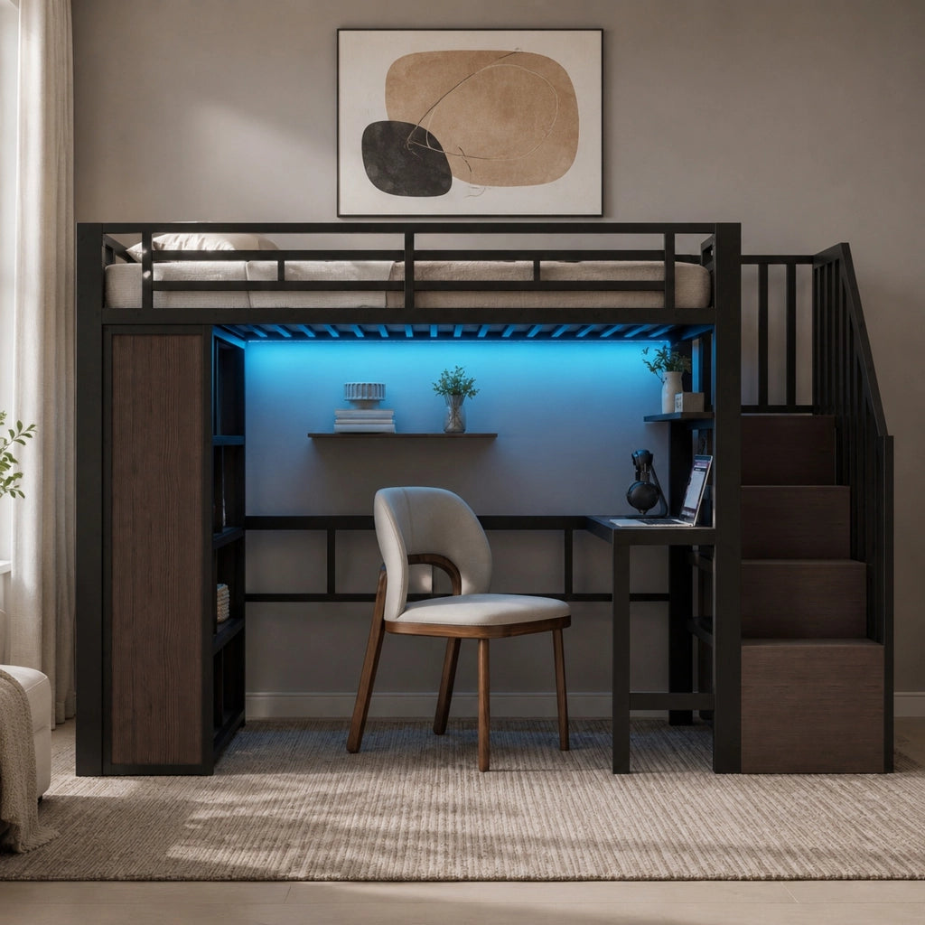 Letto a soppalco 90 x 200 cm con scrivania, ripiani e LED nero