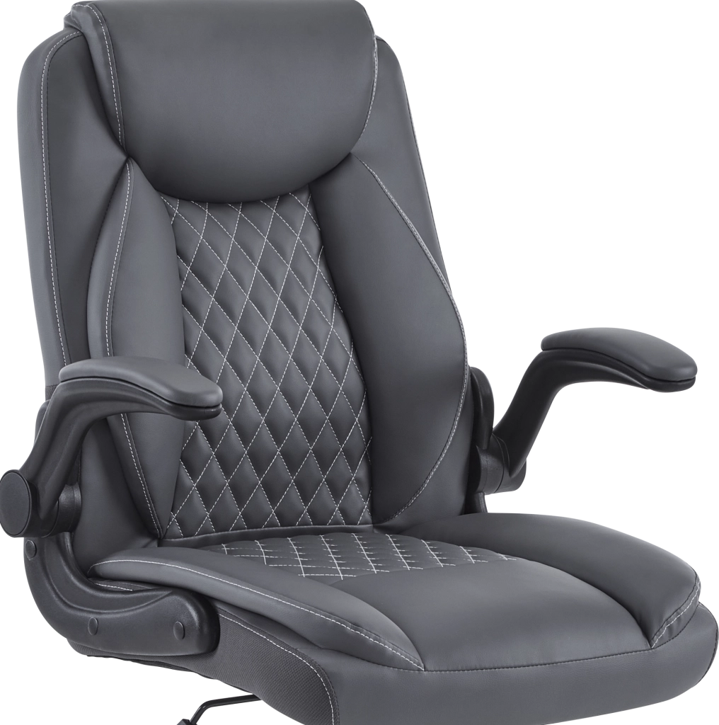 Sedia da ufficio ergonomica con supporto lombare e braccioli ribaltabili in similpelle grigia