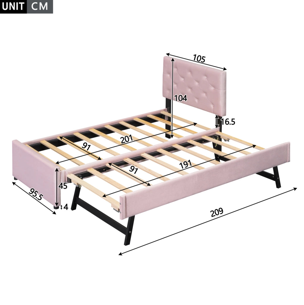 Letto imbottito rosa 90x200 cm in velluto con rete a doghe e letto estraibile