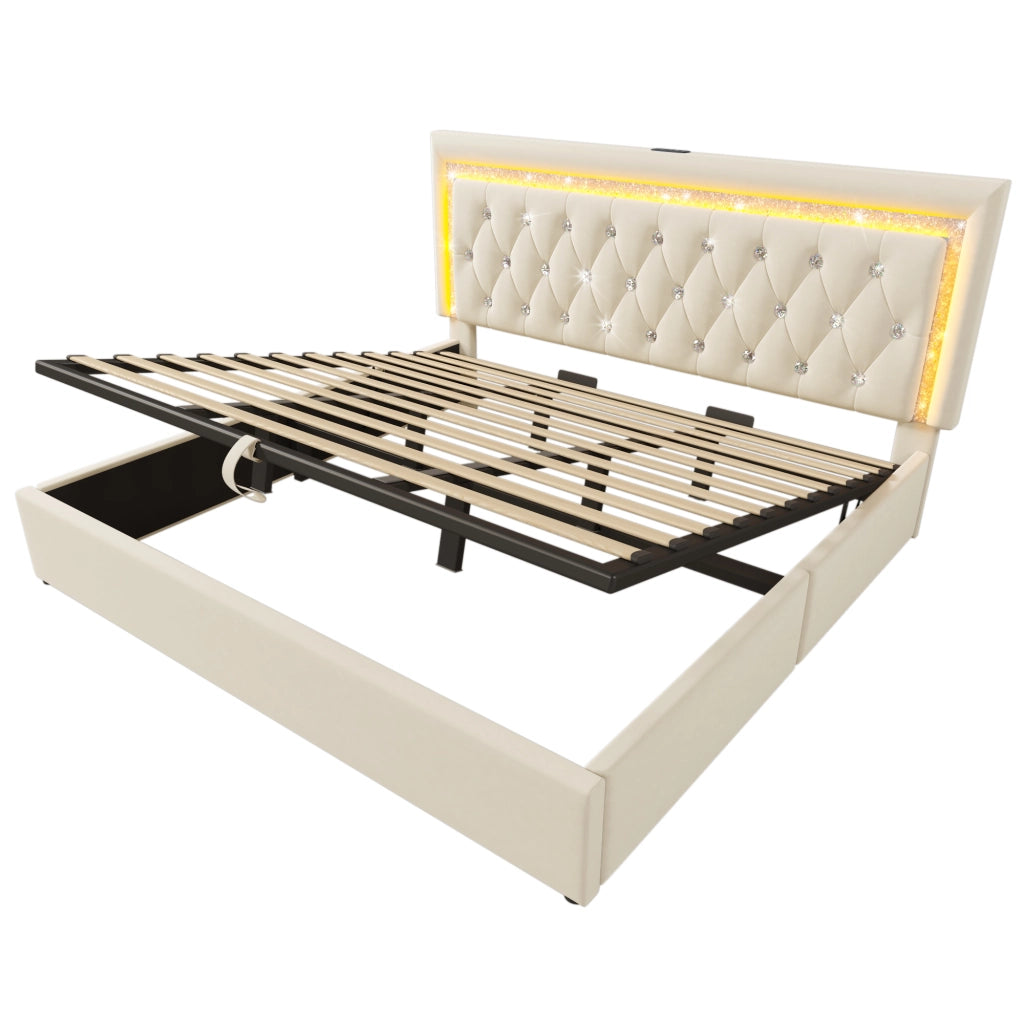 Letto matrimoniale 180×200 cm 2 posti con contenitore idraulico; LED regolabile; USB e USB-C; senza materasso; beige