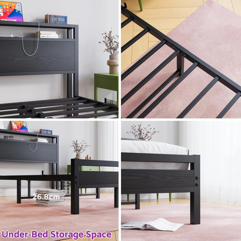 Letto 140x200 cm con testiera a 2 vani, USB e presa in MDF e metallo nero