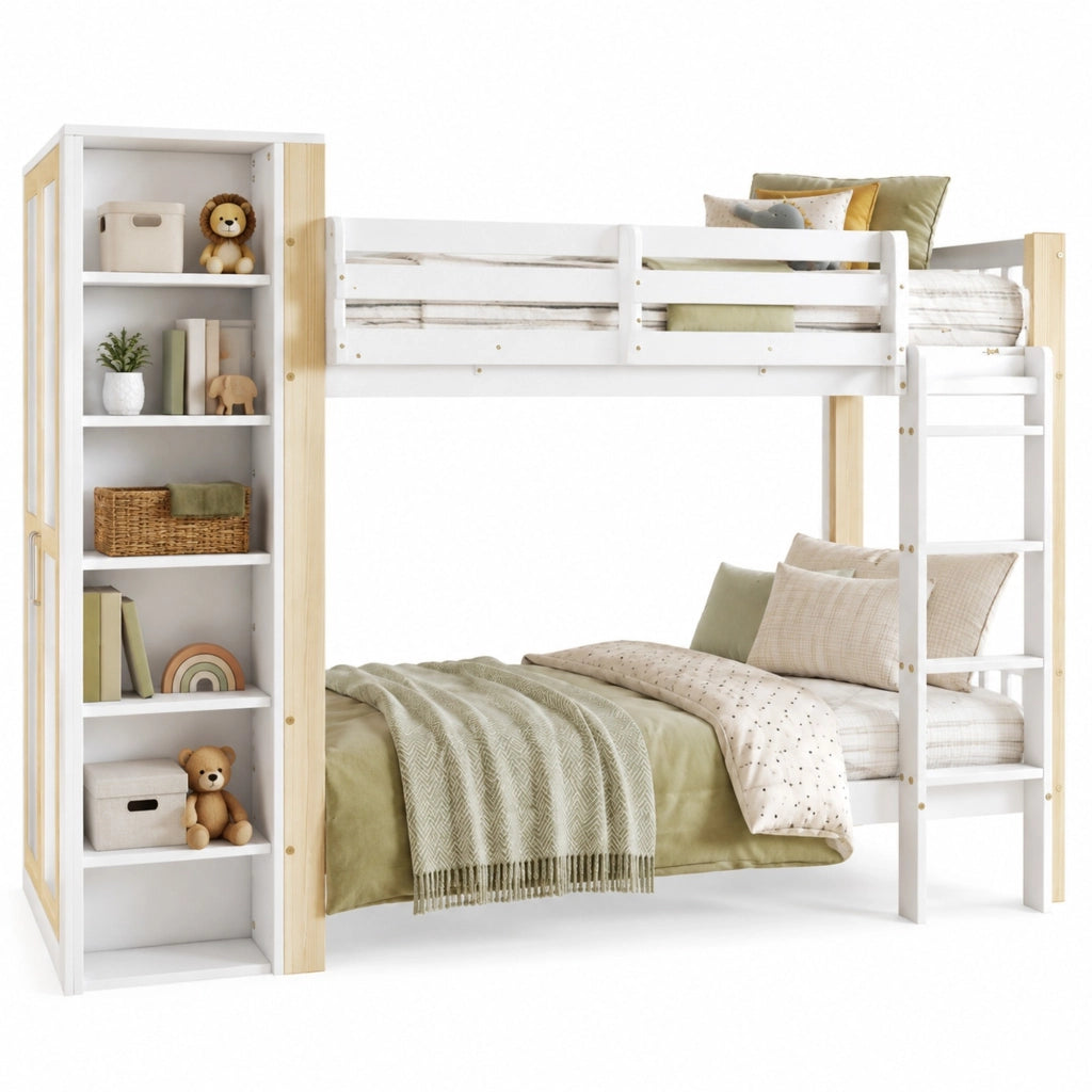 Letto a castello 90x200 cm con armadio, ripiani e scala, bianco/naturale