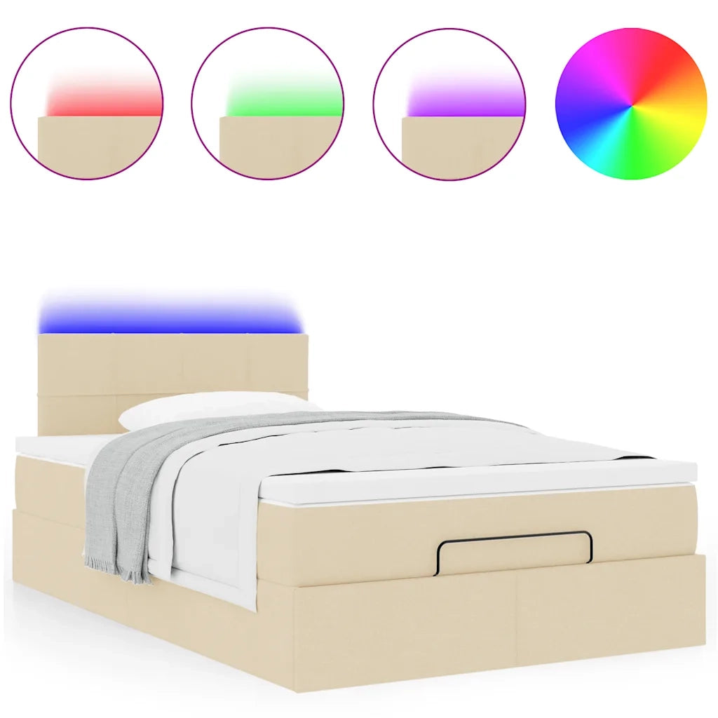 Pouf Letto con Materasso e LED Crema 120x190cm in Tessuto