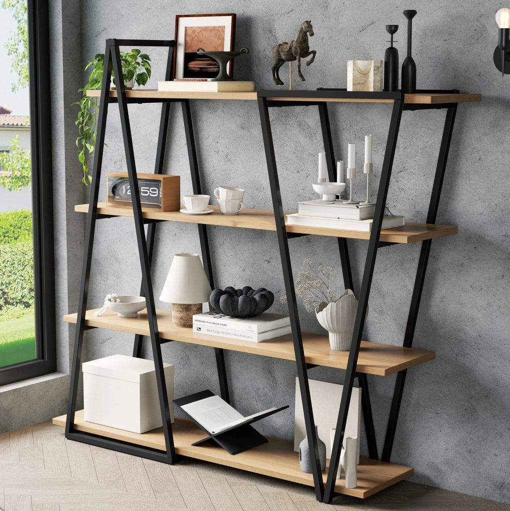Scaffale a pavimento 158x35x166 cm con 4 ripiani in MDF e struttura in ferro nero