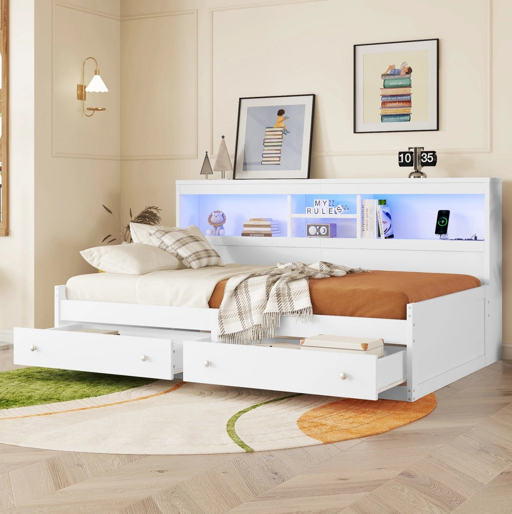Letto giorno bianco 90x200 cm con divano letto, 2 USB, luce d'ambiente e due cassetti, struttura in truciolato e MDF