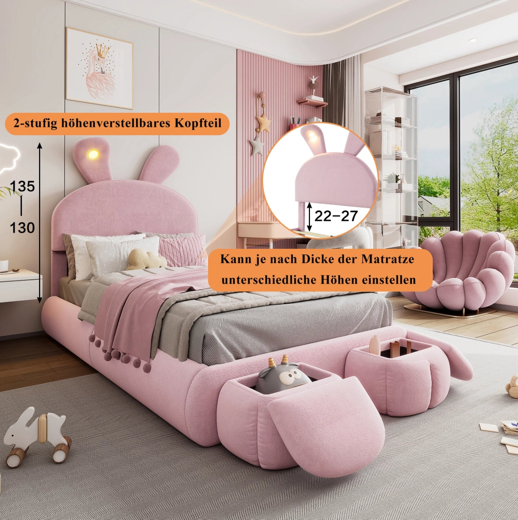 Letto imbottito singolo rosa con orecchie di coniglio e luci LED