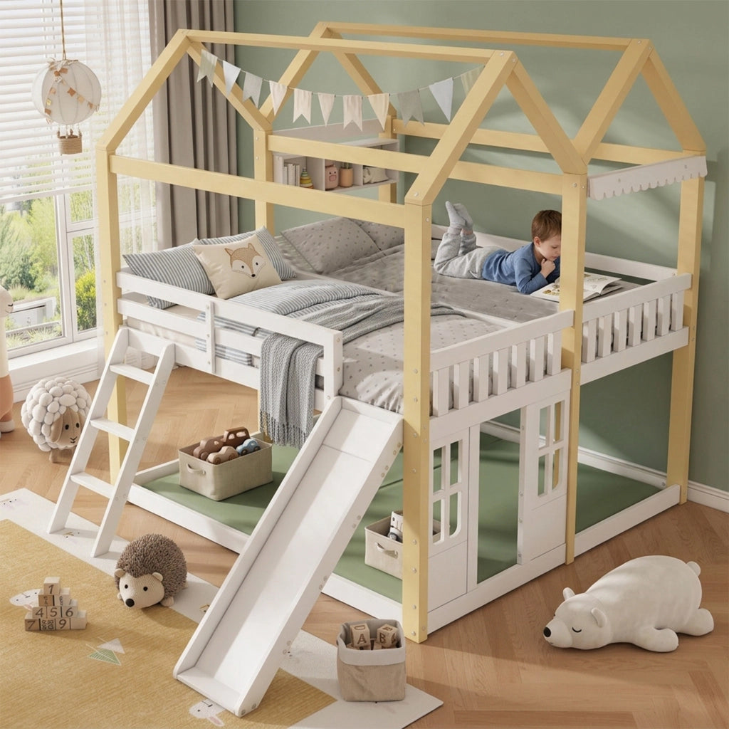 Letto a castello per bambini 90x200 cm con scivolo e scala; bianco e legno naturale