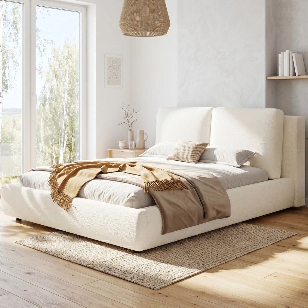 Letto contenitore imbottito con testiera in bouclé beige; rete a doghe inclusa e vano sottoletto