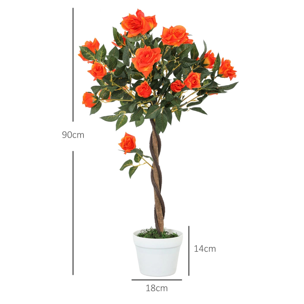 Pianta Finta di Rosa da 21 Fiori con Vaso Riempito in Cemento e Muschio, ?18x90 cm, Arancione