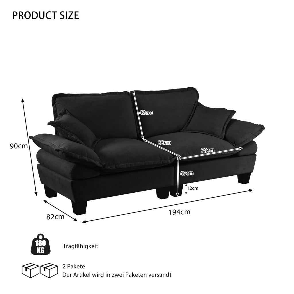 Divano a 2 posti in ciniglia nero con braccioli rimovibili e struttura in legno 194 × 82 × 90 cm