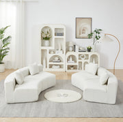 Divano modulare curvo in chenille beige con 2 cuscini