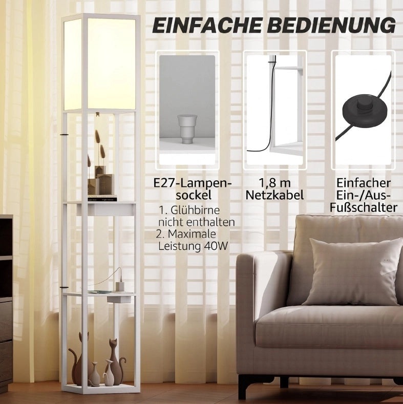 Lampada da terra bianca in MDF con 3 ripiani, interruttore a pedale e porte USB