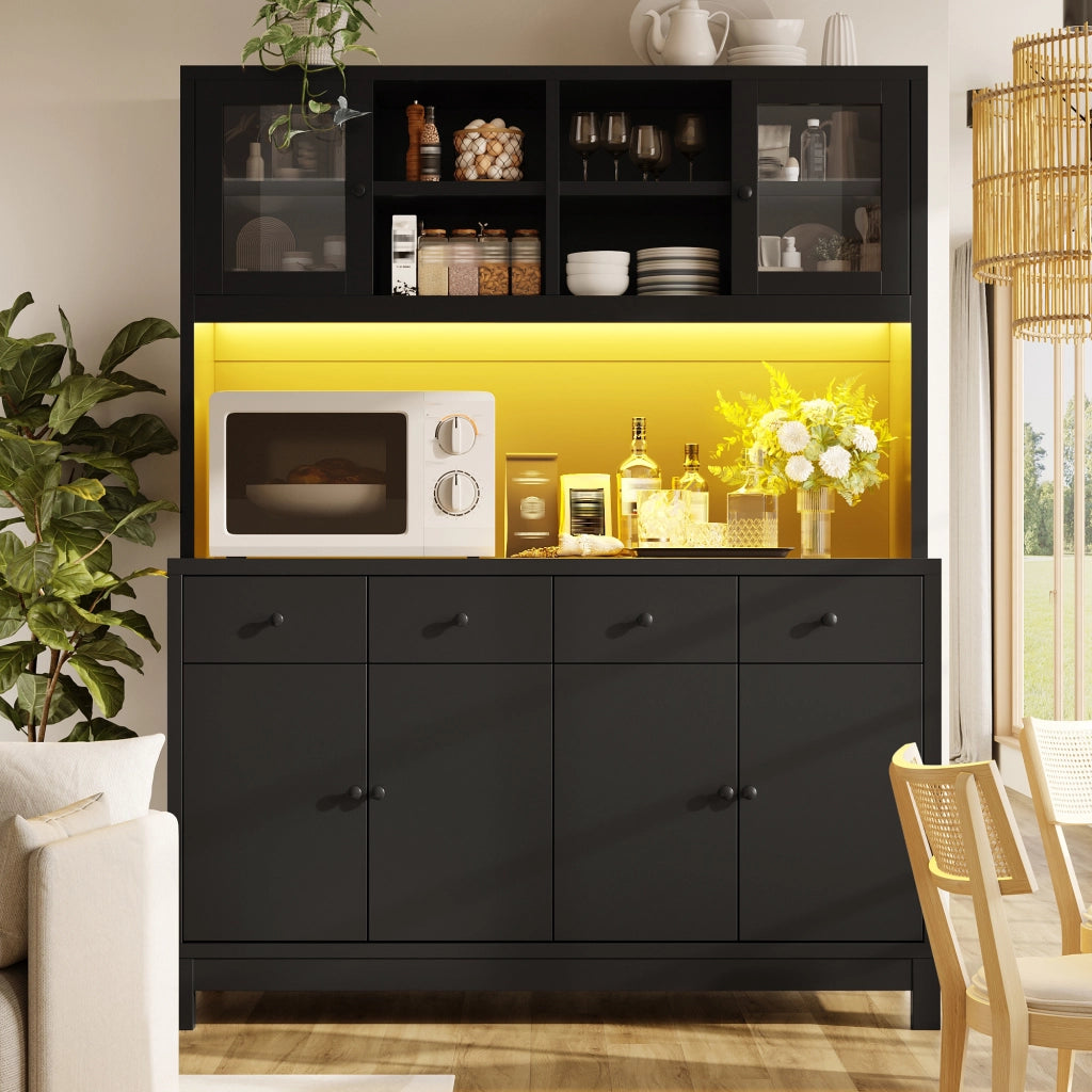 Credenza alta 140x38.5x180 cm con illuminazione LED RGB controllabile tramite app in MDF nera