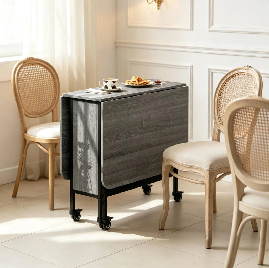Tavolo da Pranzo Pieghevole con Ruote e Ripiano, Allungabile 130x80x74 cm, Grigio