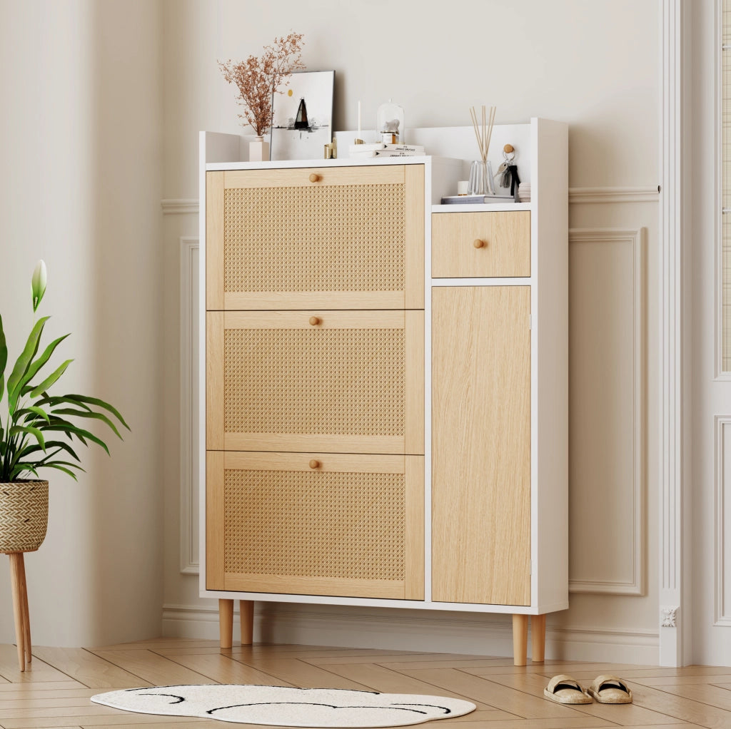 Scarpiera a ribalta con ripiani regolabili; 90 ¡Á 125 ¡Á 17 cm; MDF; naturale e bianco