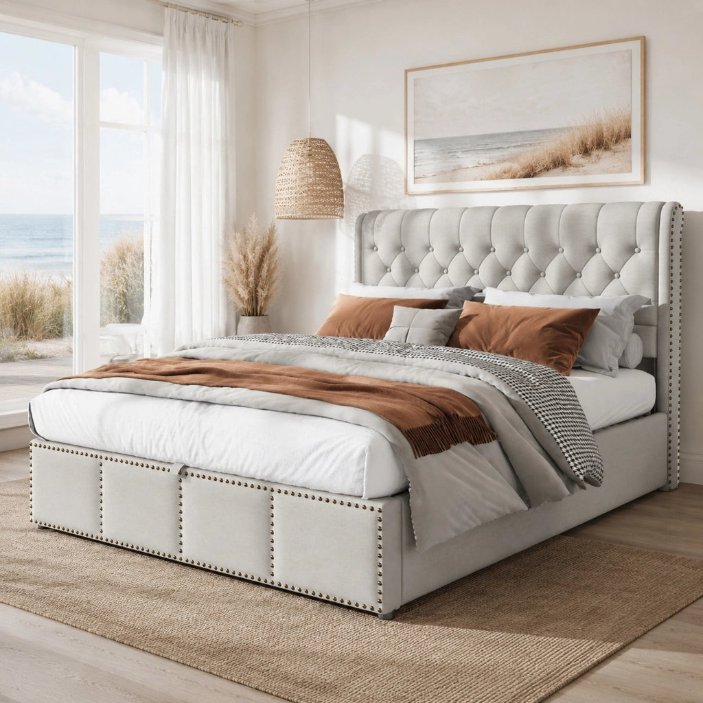 Letto imbottito contenitore 140x190 cm in lino grigio con rete a doghe