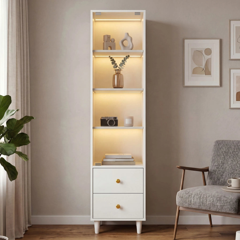 Vetrina moderna bianca con LED, 2 cassetti e ante in vetro, 165x40x35 cm, design con maniglie oro