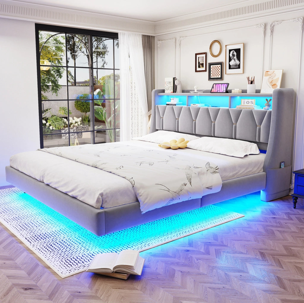 Letto imbottito 180x200 cm con testiera multifunzione, LED e prese integrate