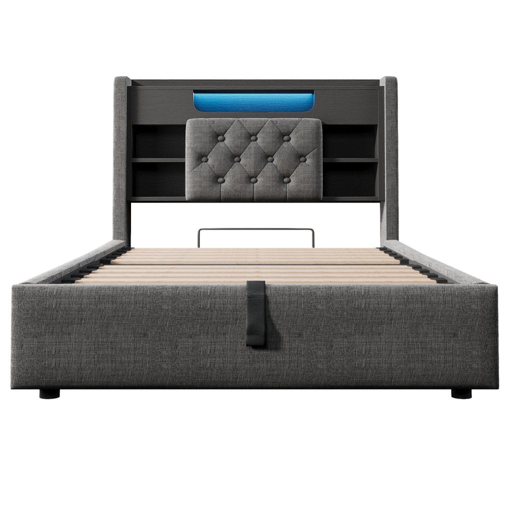 Letto 90x200 cm con contenitore idraulico, LED e porte USB, in lino grigio