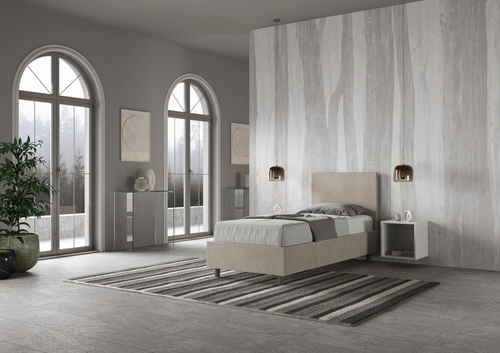 BS COM Letto singolo con rete imbottito 80x200 microfibra sabbia