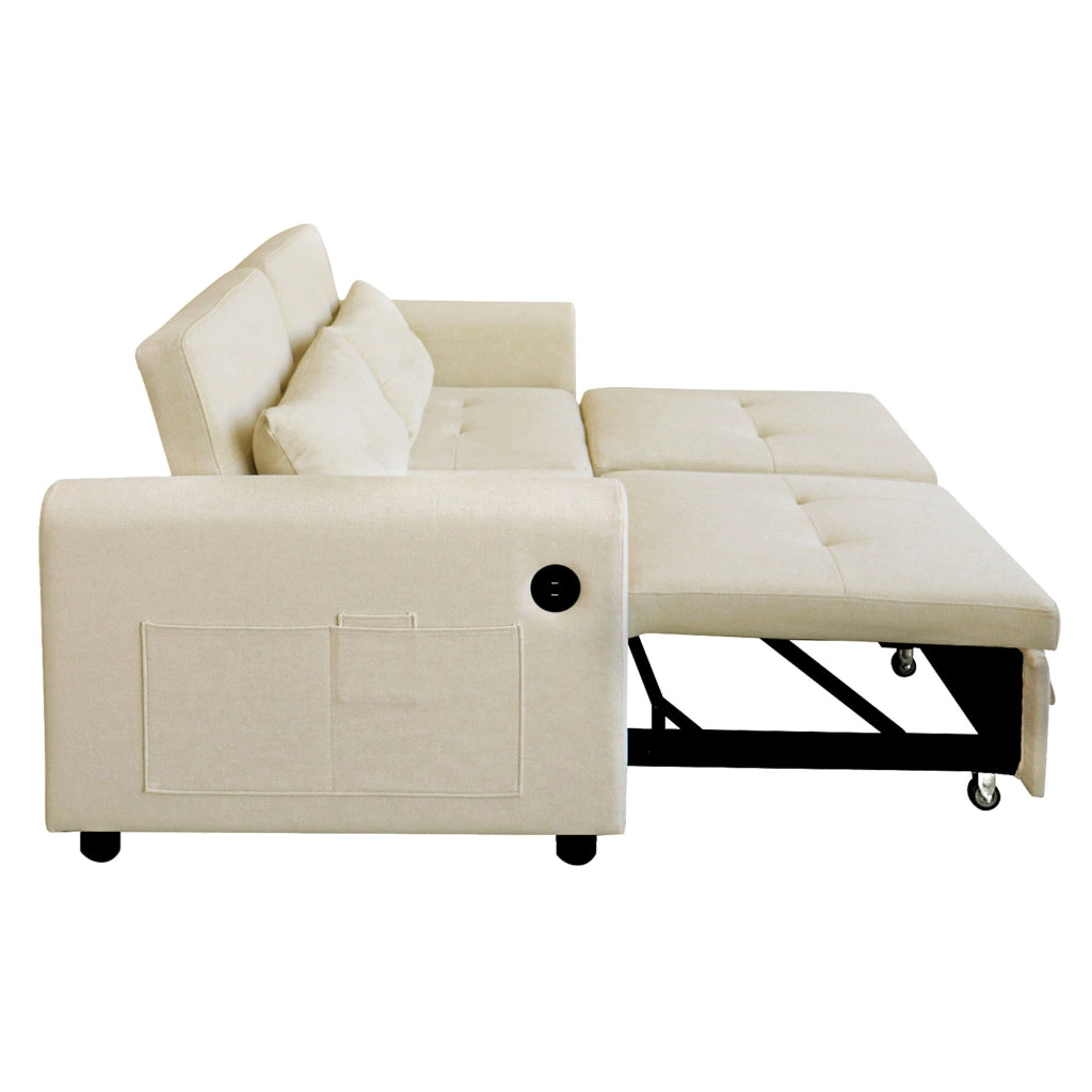 Divano letto 2 posti 3 in 1 beige in tessuto effetto lino con schienale regolabile; USB e tasche