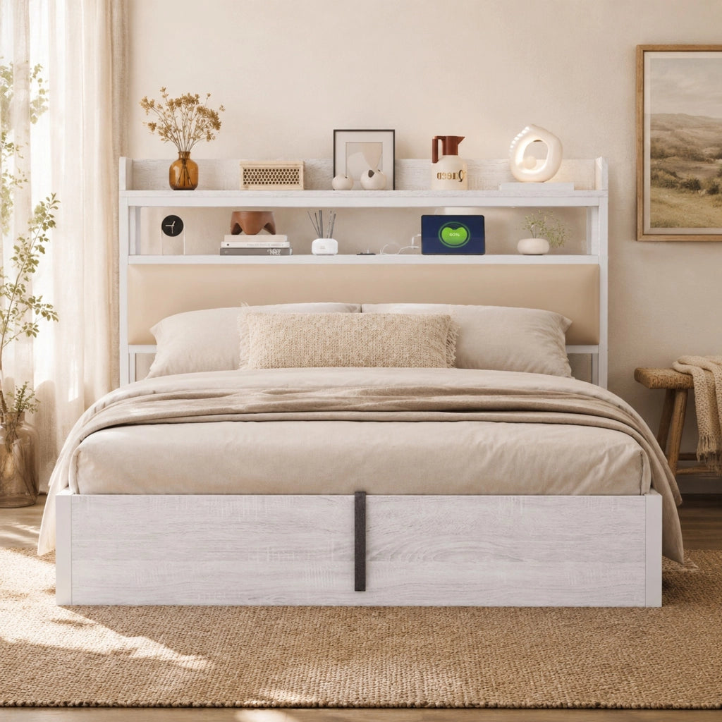 Letto matrimoniale 180x200 cm con contenitore idraulico, USB e testiera bianca