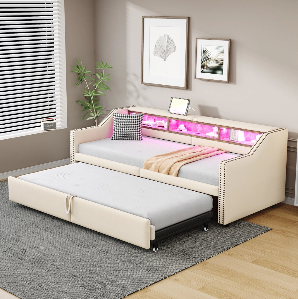 Divano letto estraibile 90/180x200 cm con LED, USB e ripiani in tessuto beige