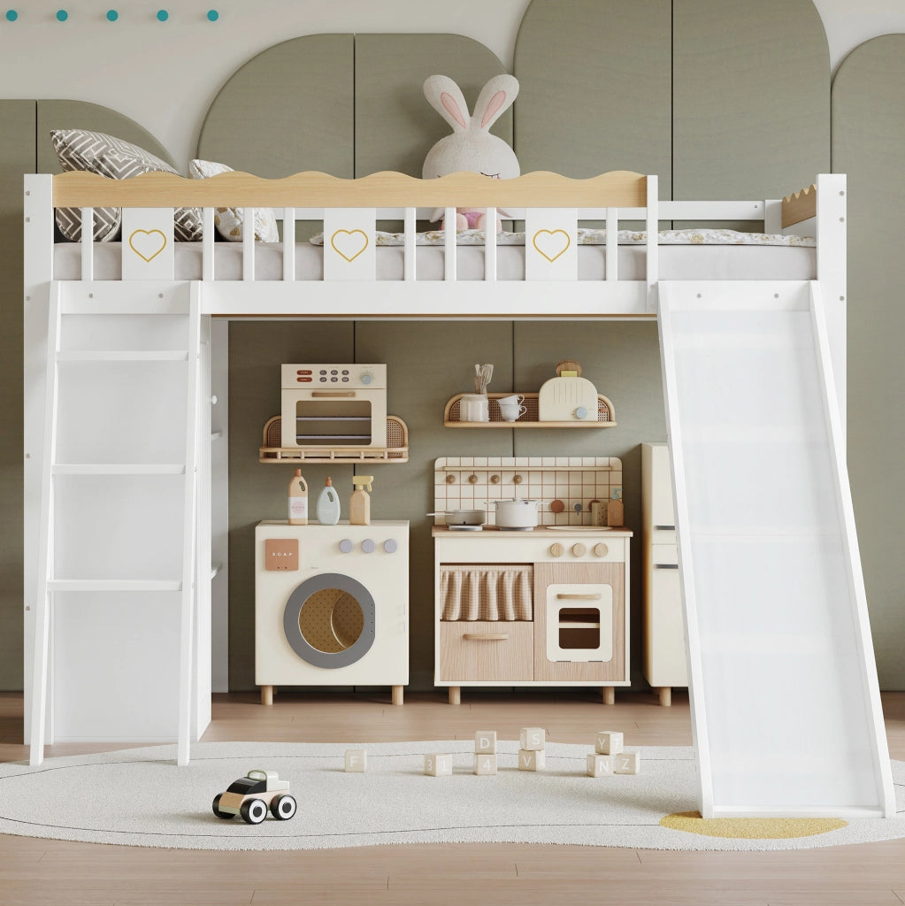 Letto a soppalco per bambini 90x200 cm con scivolo, armadio e ripiano bianco/naturale
