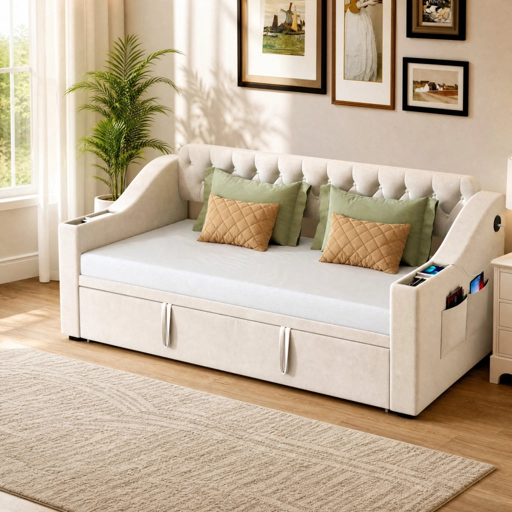 Divano letto 90 × 190 cm estraibile con apertura idraulica; velluto beige; USB e porta Type-C